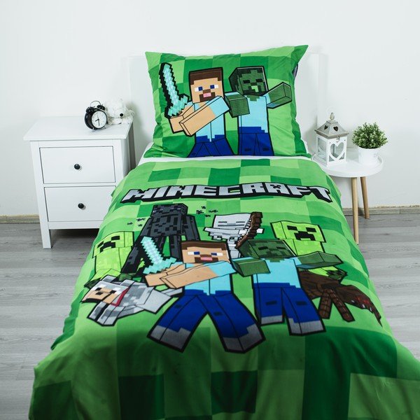 Zaļa vienguļamā mikrošķiedras bērnu gultas veļa 140x200 cm Minecraft Block Stack – Jerry Fabrics-image-1