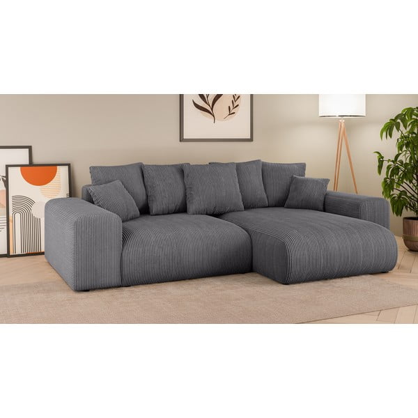 Pelēks velveta salokāms stūra dīvāns ar uzglabāšanas vietu (ar maināmu stūri) Luma – Ropez-image-1