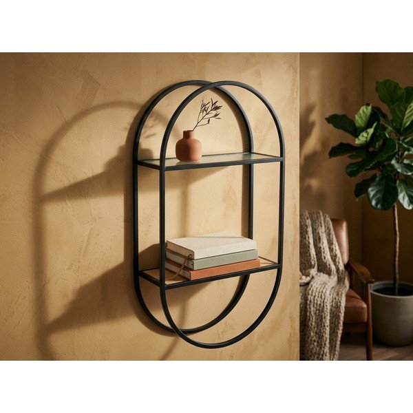 Melns/dabīga toņa daudzlīmeņu metāla sienas plaukts 35 cm Mataram – Premier Housewares-image-1