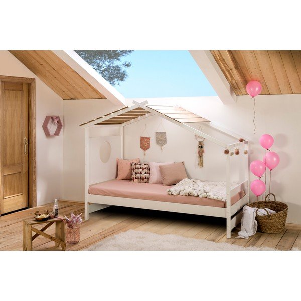 Balta bērnu gulta ar jumtiņu un izvelkamu atvilktni Marckeric Nayah, 90 x 190 cm-image-1