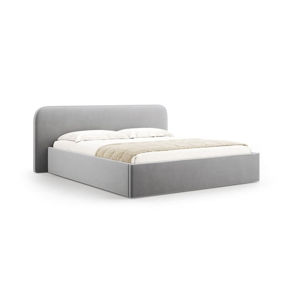 Gaiši pelēka polsterēta divvietīga gulta ar veļas kasti un redelēm 200x200 cm Elizabeth – Micadoni 