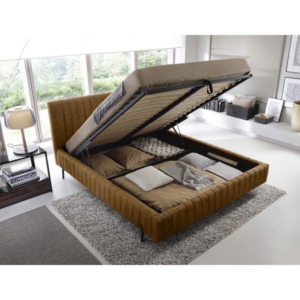 Okera dzeltena polsterēta divvietīga gulta ar veļas kasti un ar redelēm 160x200 cm Plissa – ELTAP-image-2