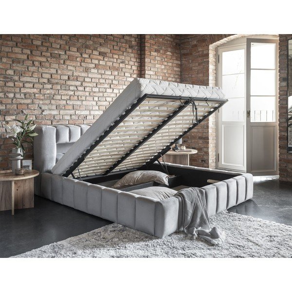 Gaiši pelēka polsterēta divvietīga gulta ar veļas kasti un ar redelēm 180x200 cm Lamica – ELTAP-image-3