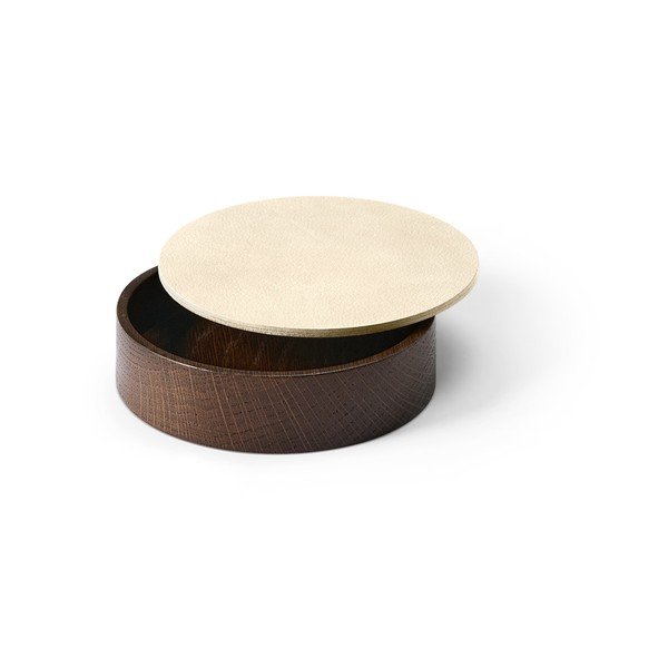 Brūna/krēmkrāsas dekoratīva koka/ekoloģiskās ādas uzglabāšanas kaste ar vāku ø 11x3,5 cm Circle Nupo – LIND DNA-image-1