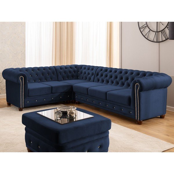 Zils samta salokāms stūra dīvāns (ar kreiso stūri/L veida) York Blik – Ropez-image-1