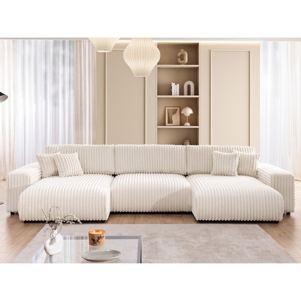 Krēmkrāsas velveta salokāms stūra dīvāns (U veida) ar uzglabāšanas vietu Sarina – Ropez-image-1