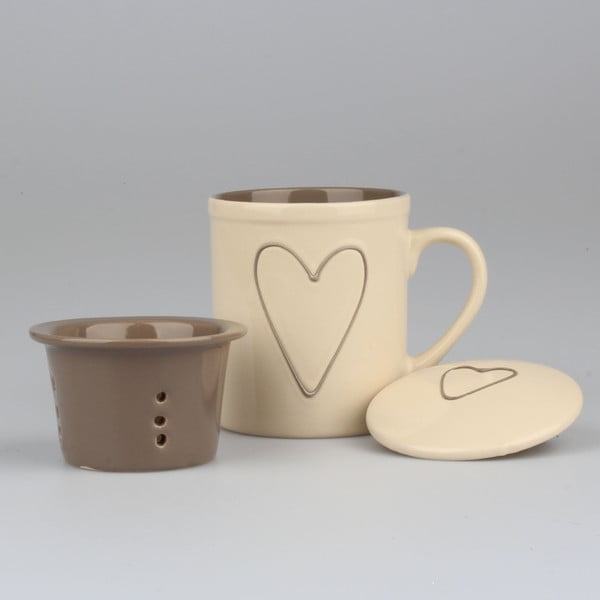 Ar rokām rotāta smilškrāsas keramikas krūze ar tējas sietiņu Dakls Heart, 325 ml