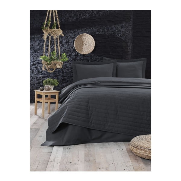 Tumši pelēks stepēts gultas pārklājs divguļamai gultai 220x240 cm Monart – Mijolnir