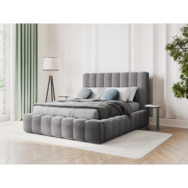 Pelēka mīksta divvietīga gulta ar uzglabāšanas vietu un režģi 200x200 cm Kelp – Micadoni Home-image-1