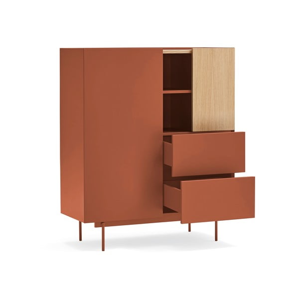 Ķieģeļu sarkana/dabīga toņa augsta kumode ar ozolkoka imitāciju 100x120 cm Otto – Teulat-image-3