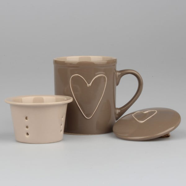 Ar rokām rotāta brūna keramikas krūze ar tējas sietiņu Dakls Heart, 325 ml