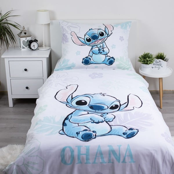 Balta vienguļamā kokvilnas bērnu gultas veļa 140x200 cm Lilo and Stitch "Ohana White" – Jerry Fabrics-image-1