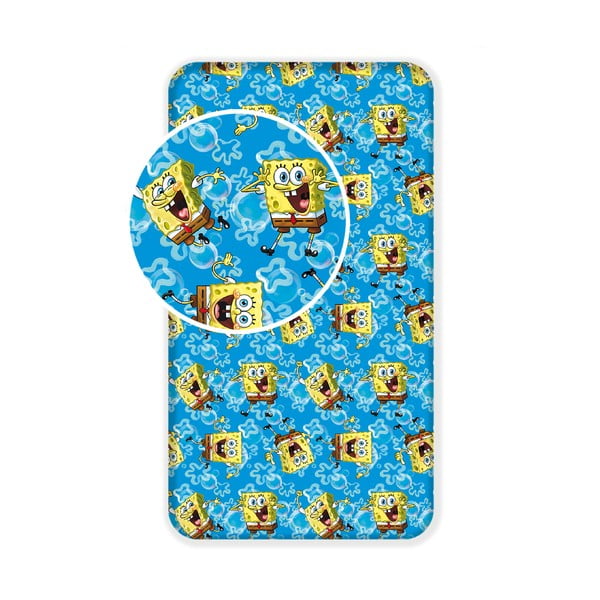 Zils kokvilnas bērnu palags ar gumiju 90x200 cm Sponge Bob "Blue" – Jerry Fabrics