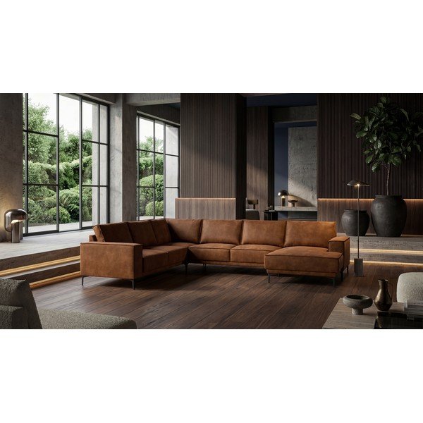 Konjakbrūns stūra dīvāns no ādas imitācijas (ar labo stūri/U veida) Copenhagen – Scandic-image-1