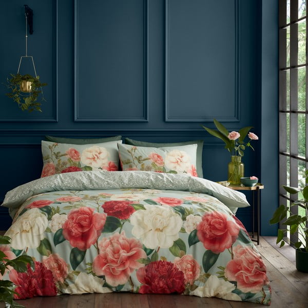 Zaļa/rozā vienguļamā kokvilnas gultas veļa 135x200 cm Rose Garden – RHS