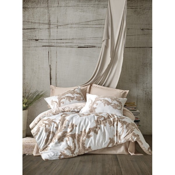 Sešdaļīga bēša divvietīga/īpaši gara gultas veļa no kokvilnas satīna ar palagu 200x220 cm Loren – Mijolnir