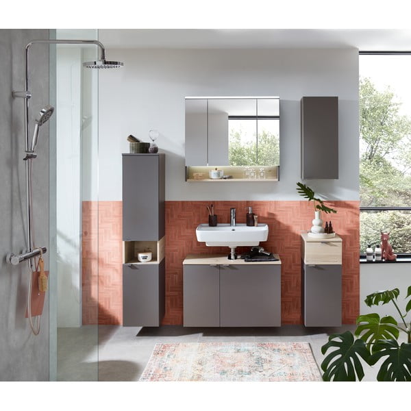 Pelēks/dabīga toņa zems/piekarams vannas istabas skapis ar priedes koka imitāciju 72x30 cm Quickset 394 – Pelipal-image-4