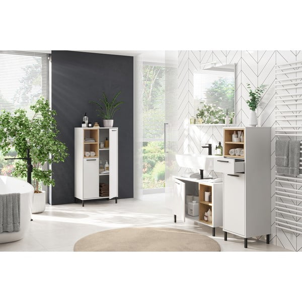 Balts augsts vannas istabas skapītis ar ozolkoka imitāciju 34x118 cm Loria – Germania-image-4