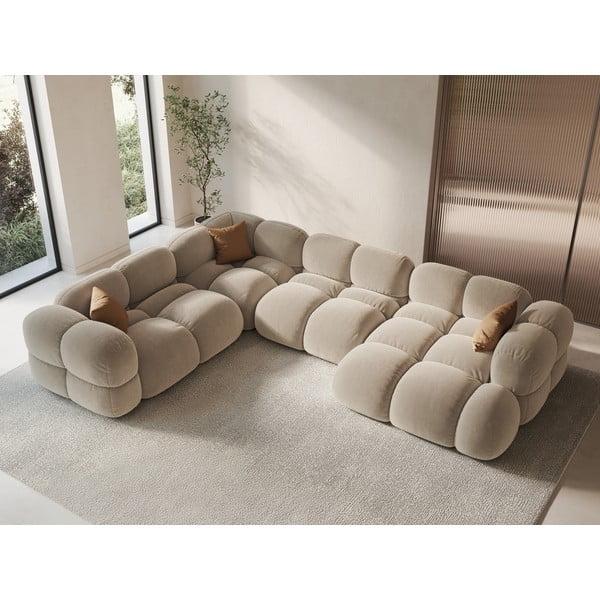 Bēšs samta stūra dīvāns (ar kreiso stūri/U veida) Loretto – Cosmopolitan Design-image-1