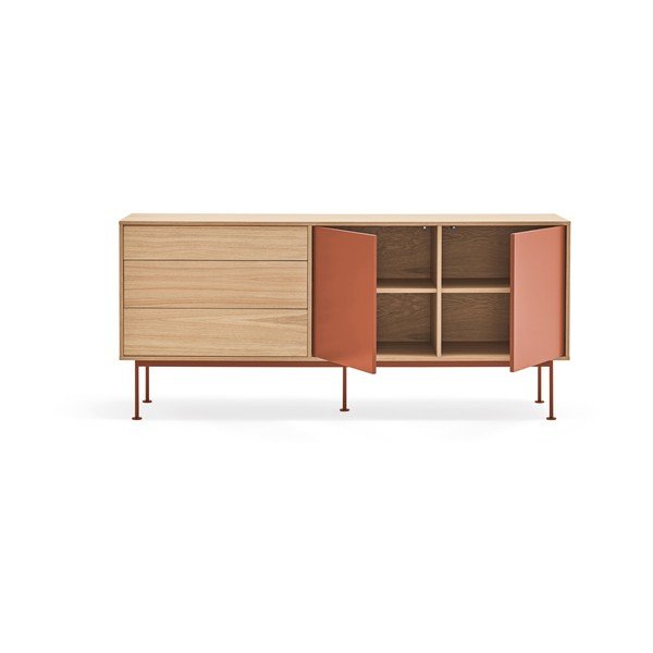 Ķieģeļu sarkana kumode ar ozolkoka finieri Teulat Yoko, platums 180 cm-image-4