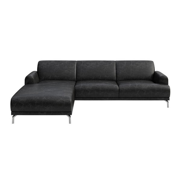 Melns ādas stūra dīvāns MESONICA Puzo, kreisais stūris