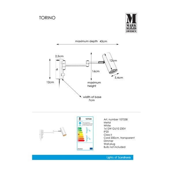 Balta metāla sienas lampa Markslöjd Torino-image-2