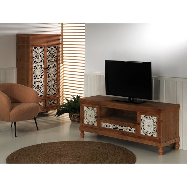 Balts/dabīga toņa egles masīvkoka TV galdiņš 140x58 cm Agrabah – Burkina-image-1