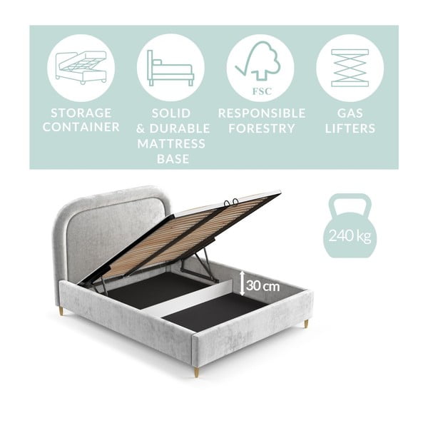 Gaiši pelēka polsterēta divvietīga gulta ar veļas kasti un redelēm 180x200 cm Mija – Maison de Rêve-image-3