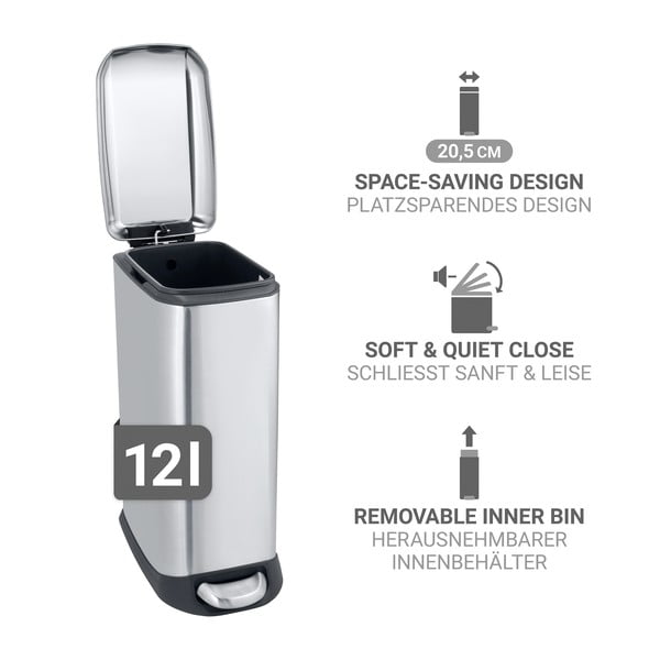 Sudraba krāsas nerūsējošā tērauda atkritumu tvertne ar pedāli 12 l Design – Wenko-image-3