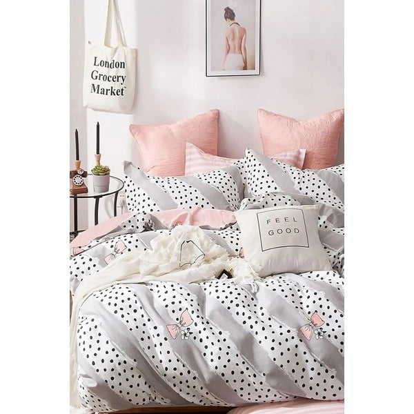 Balta/rozā vienguļamā kokvilnas gultas veļa ar palagu 160x220 cm Bow and Polka-Dot – Mila Home