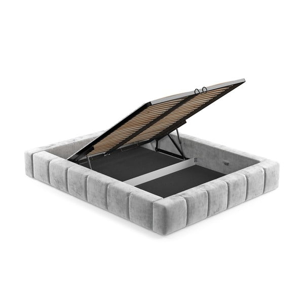 Gaiši pelēka polsterēta divvietīga gulta ar veļas kasti un redelēm 160x200 cm Aruba L – Maison de Rêve-image-4