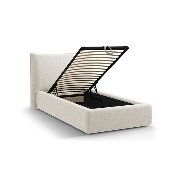 Krēmkrāsas polsterēta vienvietīga gulta ar veļas kasti un redelēm 90x200 cm Kaelle – Micadoni -image-1