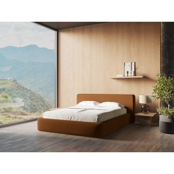 Terakotas oranža polsterēta divvietīga gulta ar veļas kasti un redelēm 180x200 cm Kiana – Makamii-image-1