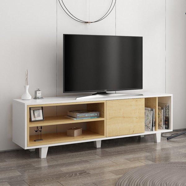 Balts/dabīga toņa TV galds ar ozolkoka imitāciju 160x49 cm Rosmar – Kalune Design-image-1