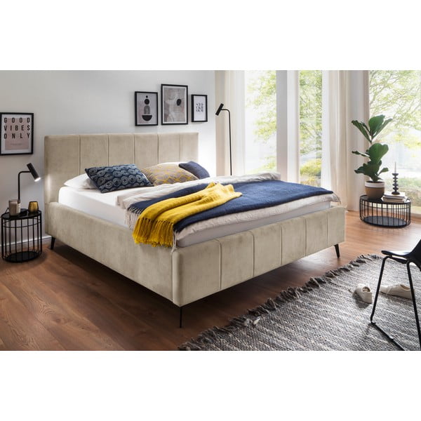 Bēša polsterēta divvietīga gulta ar veļas kasti un redelēm 180x200 cm Lizzano – Meise Möbel-image-1