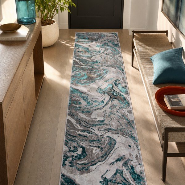 Pelēks/tirkīzzils celiņa paklājs 80x300 cm Marbled – Flair Rugs-image-2