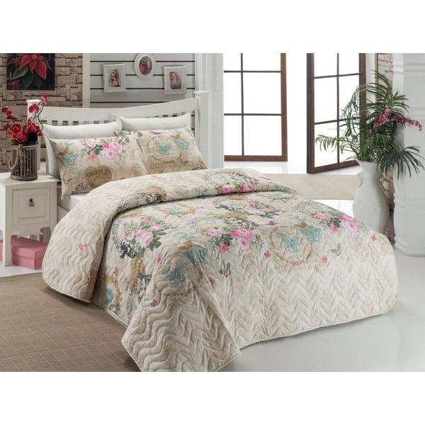 Krēmkrāsas stepēts divvietīgas gultas pārklājs un 2 spilvendrānas Angel – Mijolnir