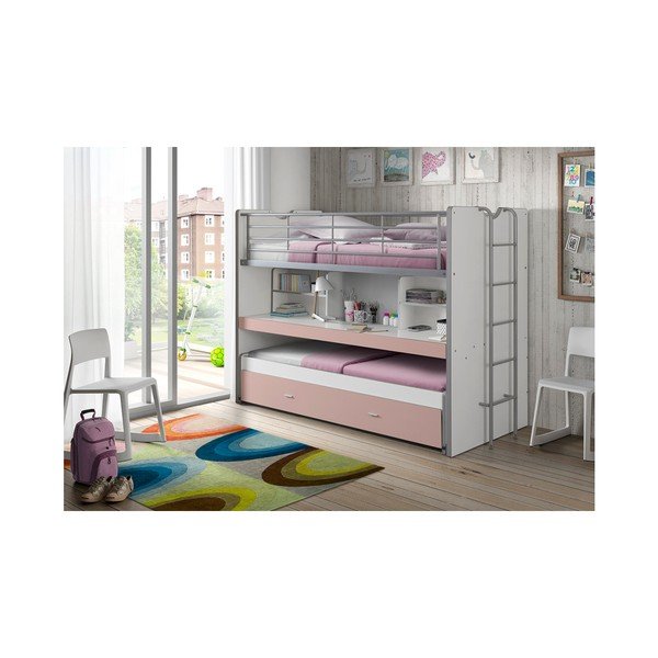 Balta/rozā divstāvu/izvelkama bērnu gulta ar veļas kasti un redelēm 90x200 cm Bonny – Vipack-image-1