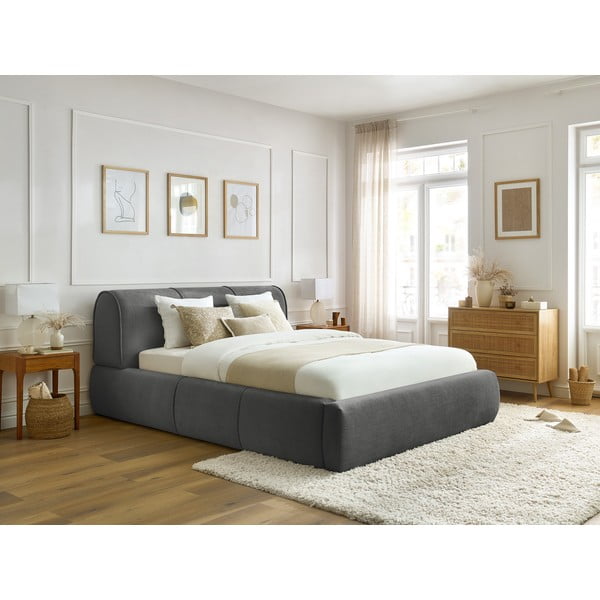 Pelēka polsterēta divvietīga gulta ar veļas kasti un režģi 160x200 cm Vernon – Bobochic Paris-image-1