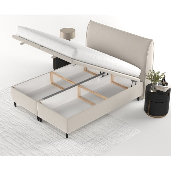 Bēša polsterēta divvietīga gulta ar veļas kasti 160x200 cm Pearl – Maison de Rêve-image-3