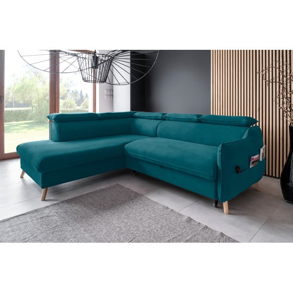 Tirkīzzils samta salokāms stūra dīvāns (ar kreiso stūri) Sweet Harmony – Miuform-image-3