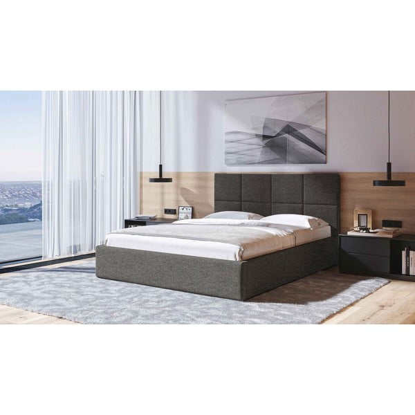 Antracīta pelēka polsterēta divvietīga gulta ar veļas kasti un redelēm 180x200 cm Bufo – MESONICA-image-1
