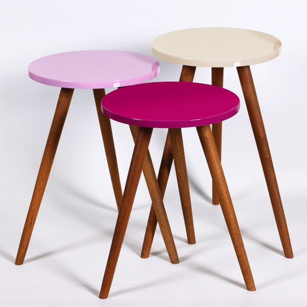 3 Kate Louise apaļo sānu galdiņu komplekts (violets, rozā, krēmkrāsas)