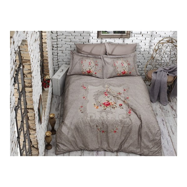 Kokvilnas satīna gultasveļa ar palagu divguļamai gultai Lilyanna, 200 x 220 cm