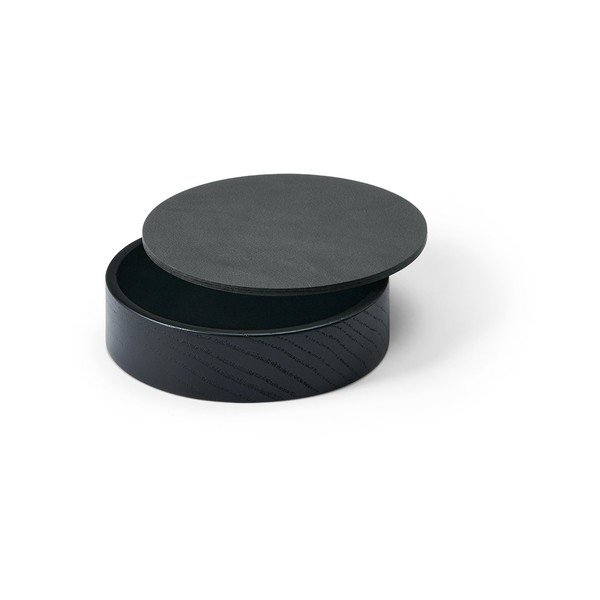 Melna/antracīta pelēka dekoratīva koka/ekoloģiskās ādas uzglabāšanas kaste ar vāku ø 11x3,5 cm Circle Nupo – LIND DNA-image-1