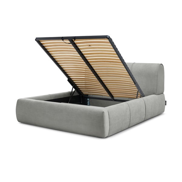 Gaiši pelēka polsterēta divvietīga gulta ar veļas kasti un režģi 160x200 cm Vernon – Bobochic Paris-image-4