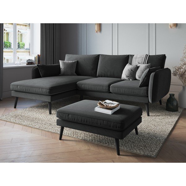 Tumši pelēks samta kāju soliņš ar melnām kājām Kooko Home Lento-image-1