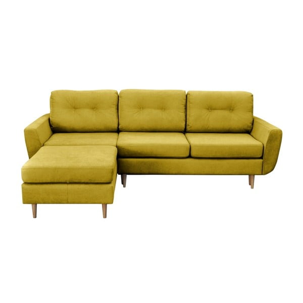 Sinepju dzeltens trīsvietīgs izlaižams stūra dīvāns ar gaišām kājām Mazzini Sofas Tulipe, kreisais stūris