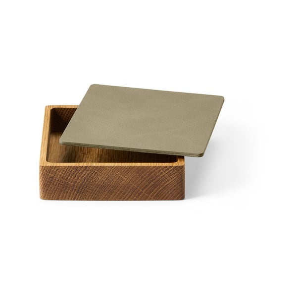 Zaļa/dabīga toņa dekoratīva koka/ekoloģiskās ādas uzglabāšanas kaste ar vāku 11x11x3,5 cm Square Nupo – LIND DNA-image-1