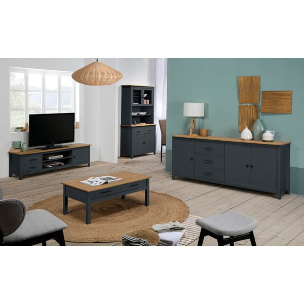 Tumši zila priedes masīvkoka zema kumode 190x80 cm Miranda – Marckeric-image-1